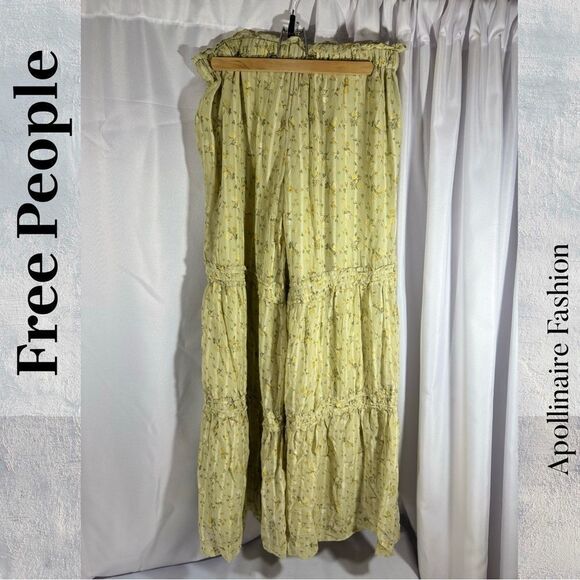 FREE PEOPLE EMMALINE TIERED PULLON FLARED PANTS IN SAGE COMBO NWT - Picture 5 of 9